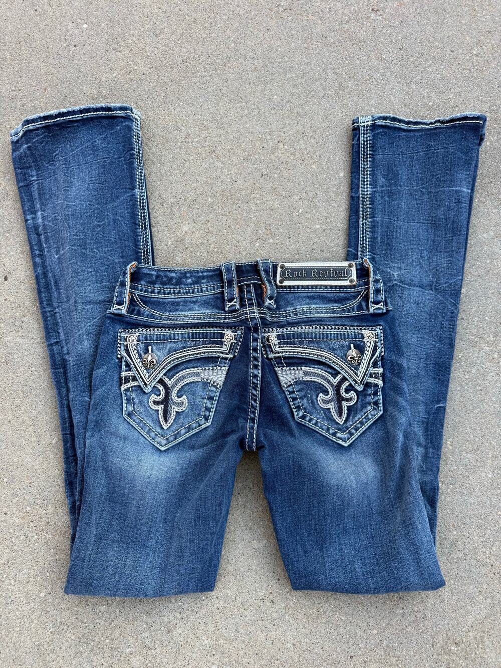 Rock Revival Kaitlyn Size 24x31 1/2 Boot Cut Blue Jeans Faux Flap Pocket